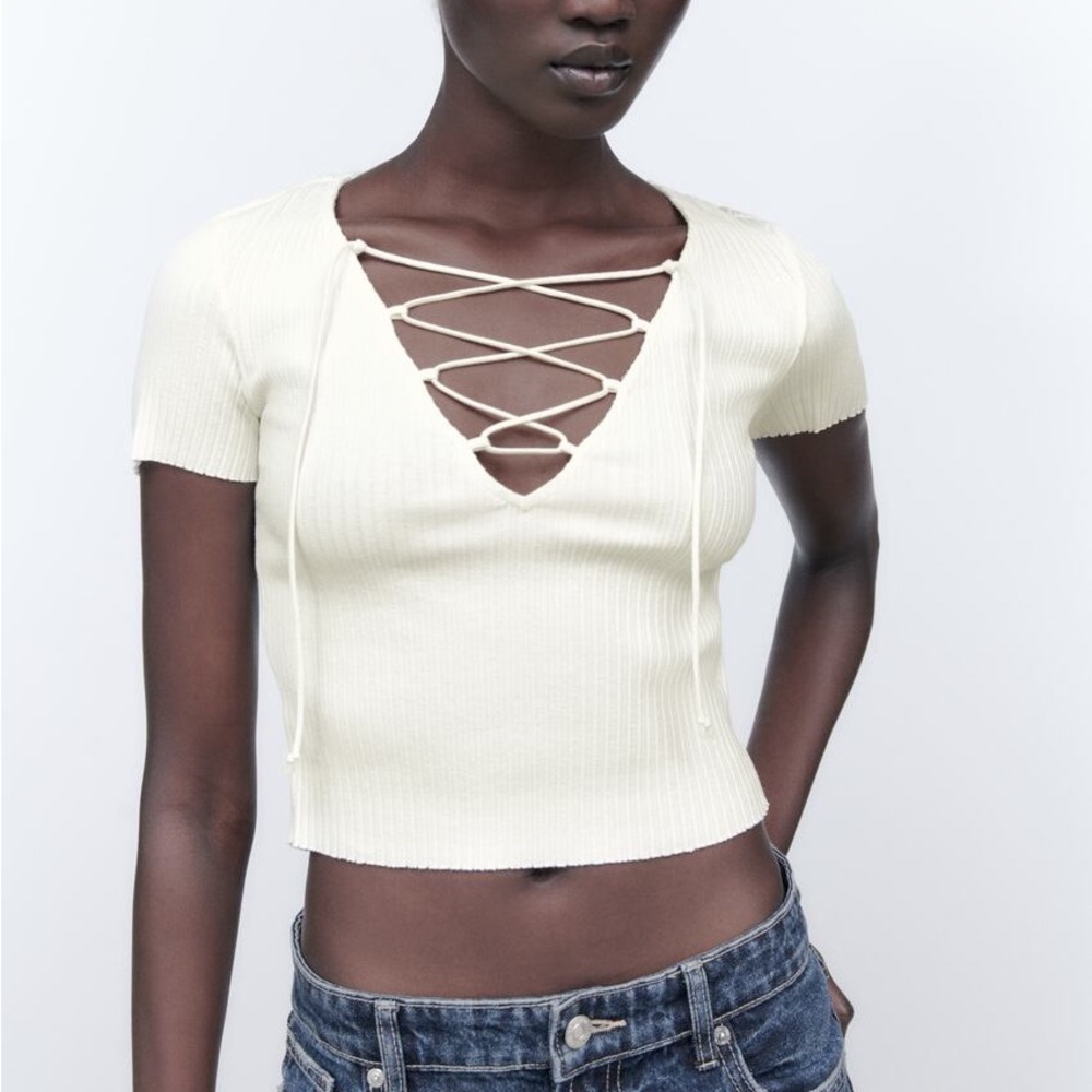 Zara tied ribbed top oyster white NWT